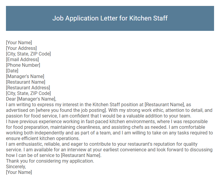 Job Application Letter for Kitchen Staff