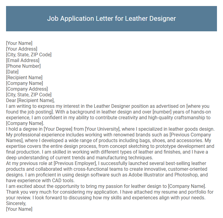 Job Application Letter for Leather Designer