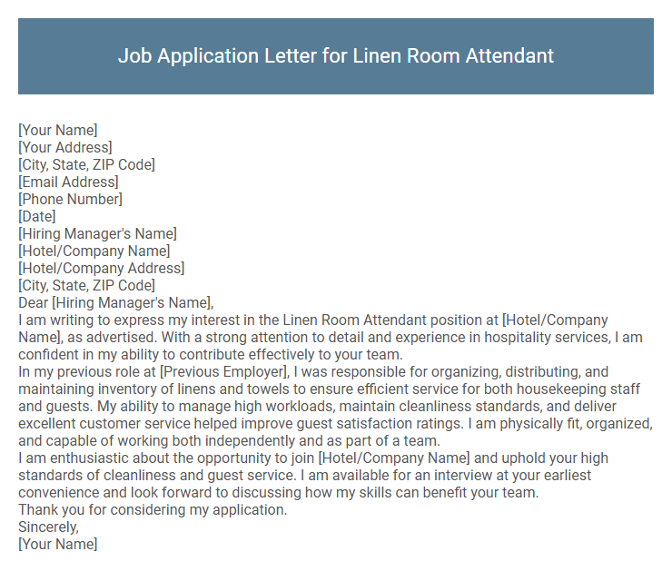 Job Application Letter for Linen Room Attendant