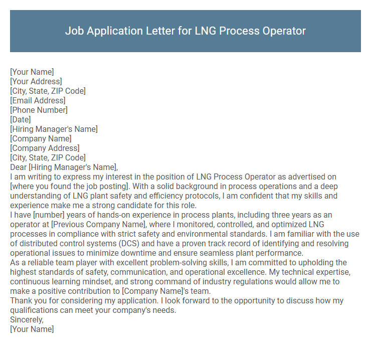 Job Application Letter for LNG Process Operator