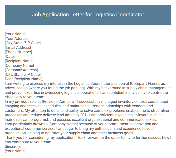 Job Application Letter for Logistics Coordinator