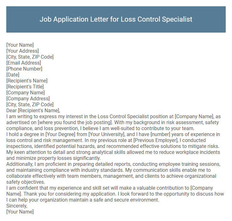 Job Application Letter for Loss Control Specialist