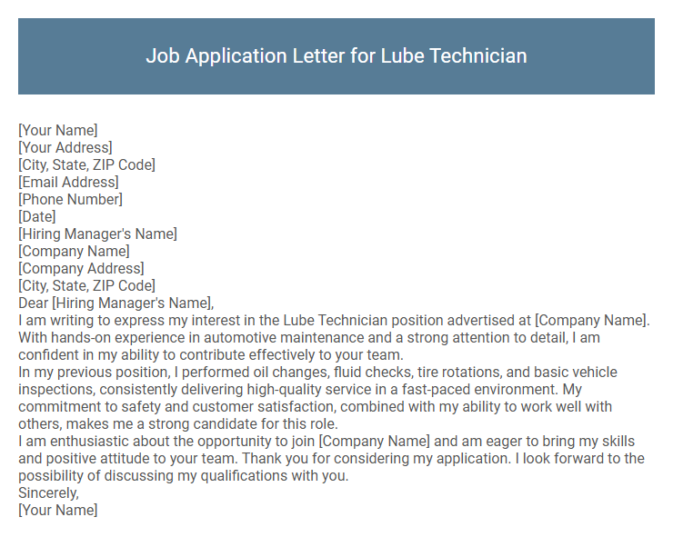 Job Application Letter for Lube Technician