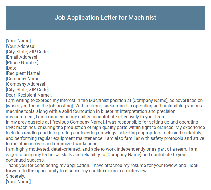 Job Application Letter for Machinist