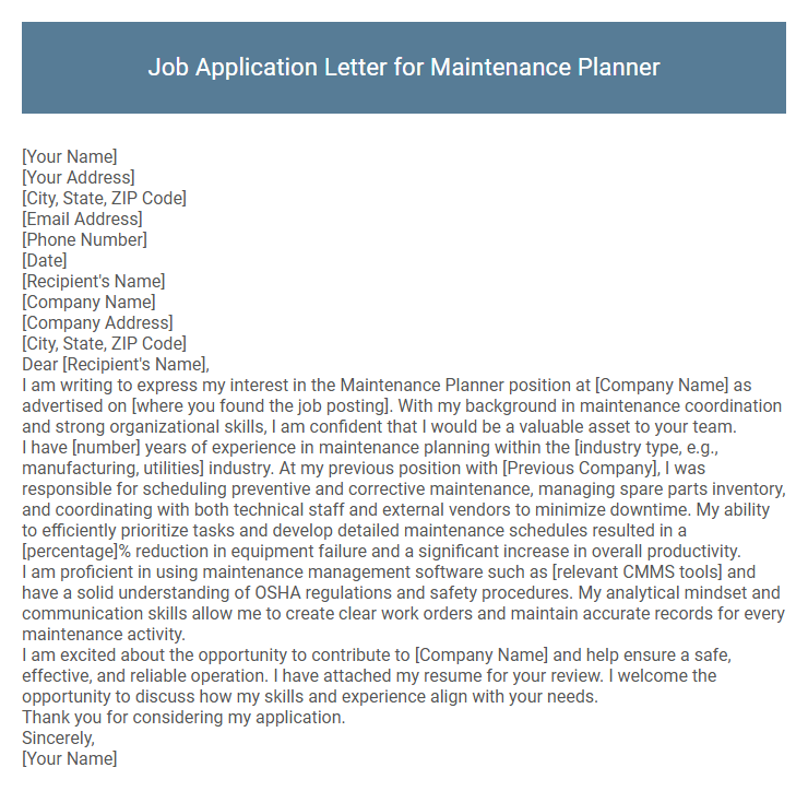 Job Application Letter for Maintenance Planner