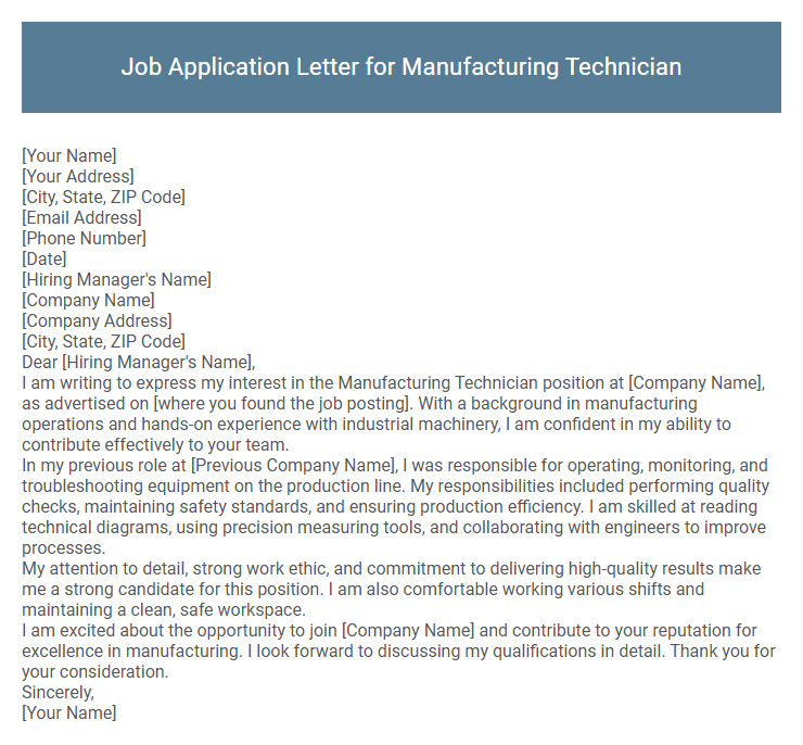Job Application Letter for Manufacturing Technician