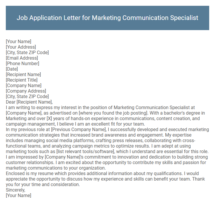 Job Application Letter for Marketing Communication Specialist
