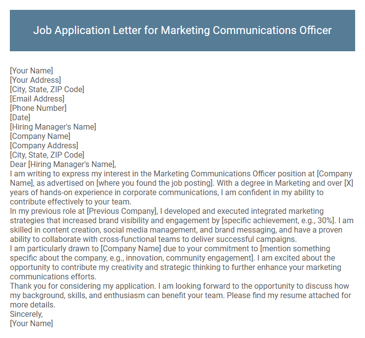 Job Application Letter for Marketing Communications Officer