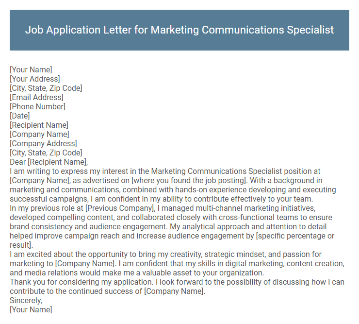 Job Application Letter for Marketing Communications Specialist