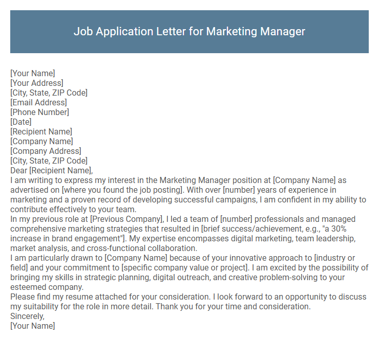Job Application Letter for Marketing Manager