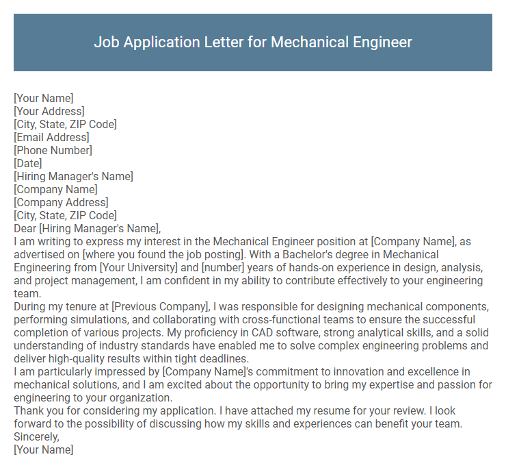 Job Application Letter for Mechanical Engineer