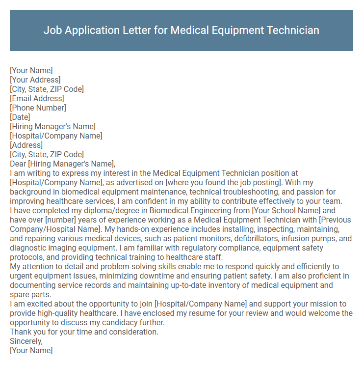 Job Application Letter for Medical Equipment Technician