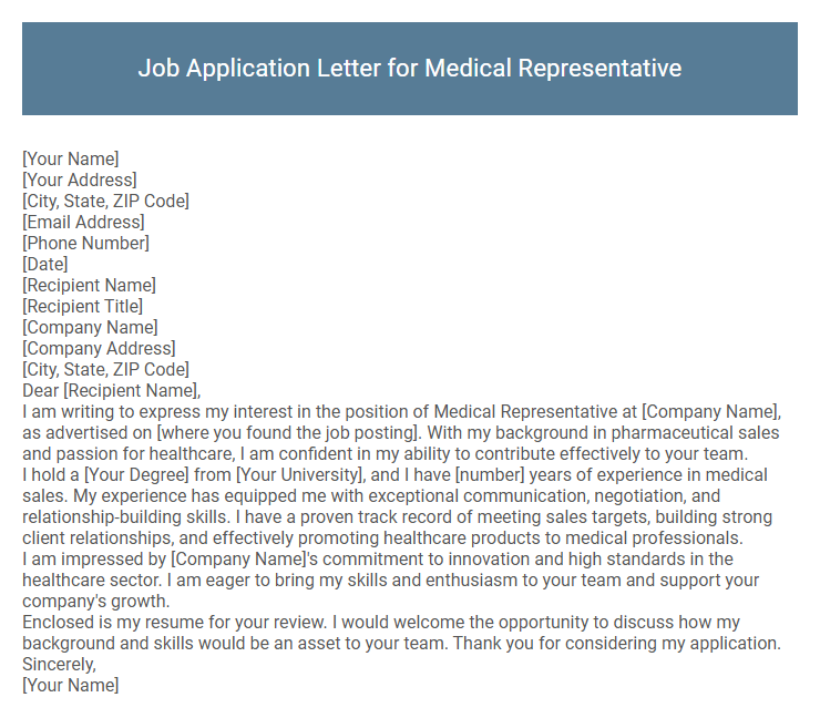 Job Application Letter for Medical Representative