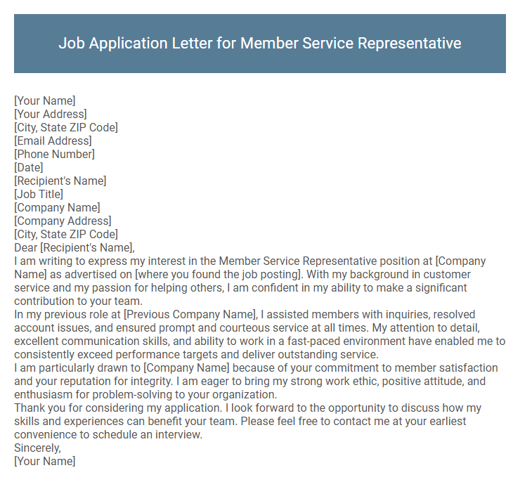 Job Application Letter for Member Service Representative
