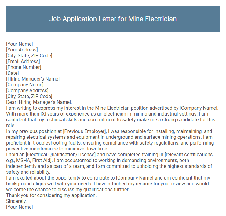 Job Application Letter for Mine Electrician
