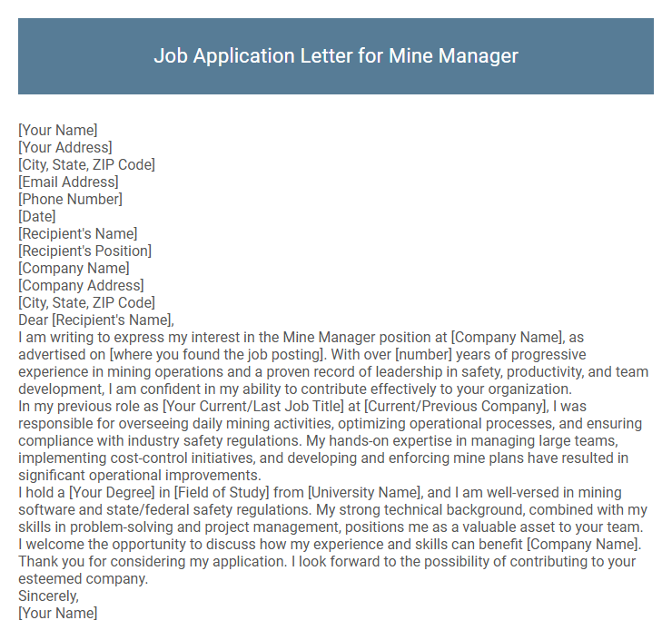 Job Application Letter for Mine Manager