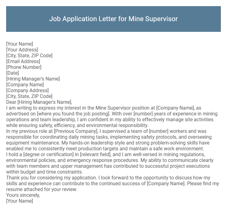 Job Application Letter for Mine Supervisor
