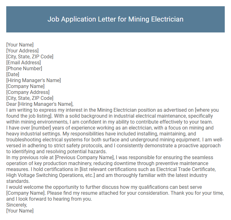 Job Application Letter for Mining Electrician