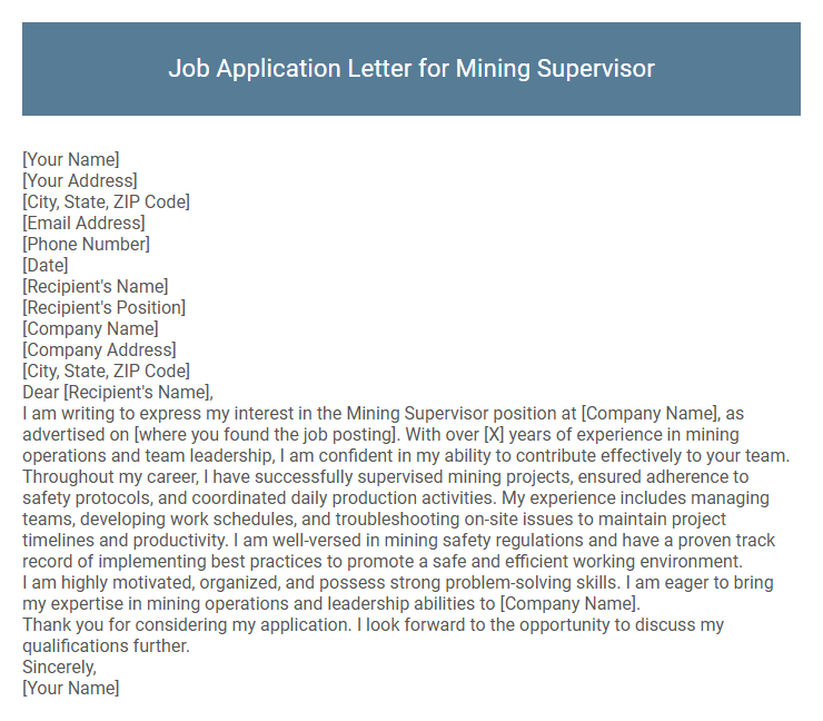 Job Application Letter for Mining Supervisor