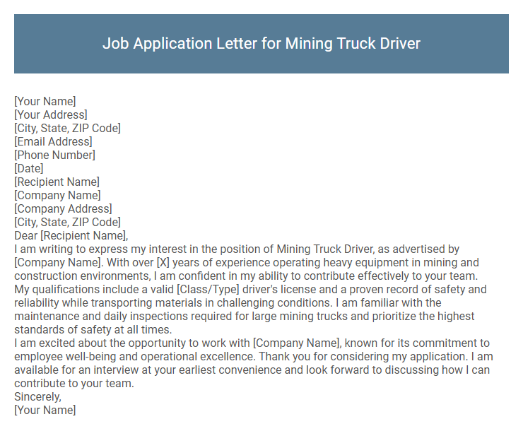 Job Application Letter for Mining Truck Driver