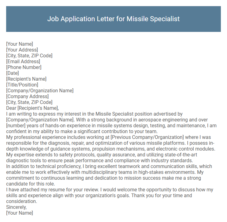 Job Application Letter for Missile Specialist