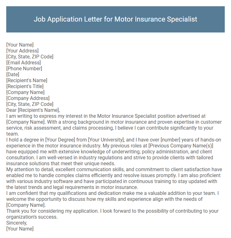 Job Application Letter for Motor Insurance Specialist