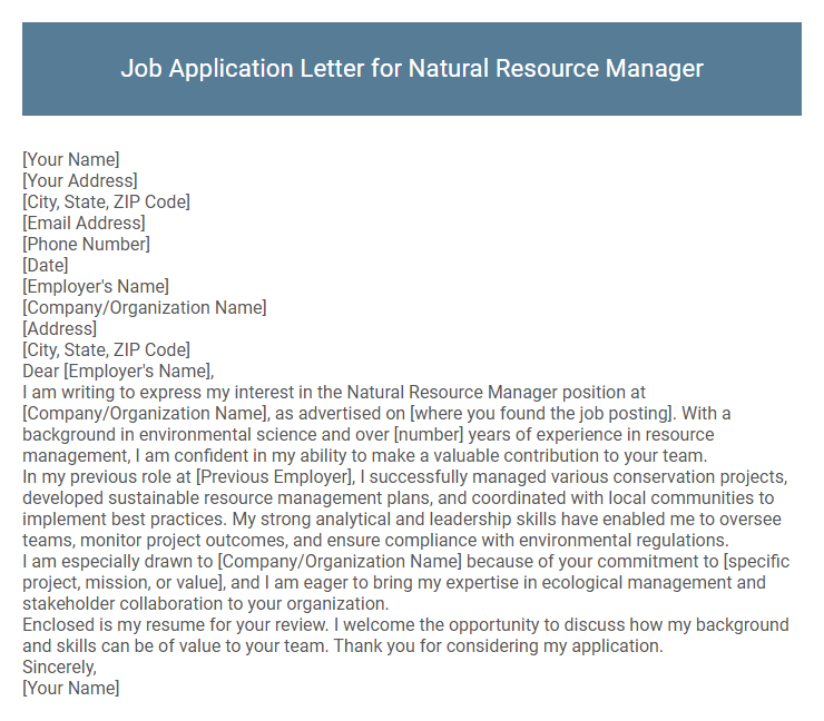 Job Application Letter for Natural Resource Manager