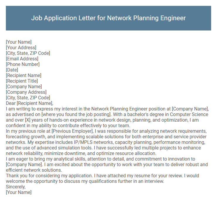 Job Application Letter for Network Planning Engineer
