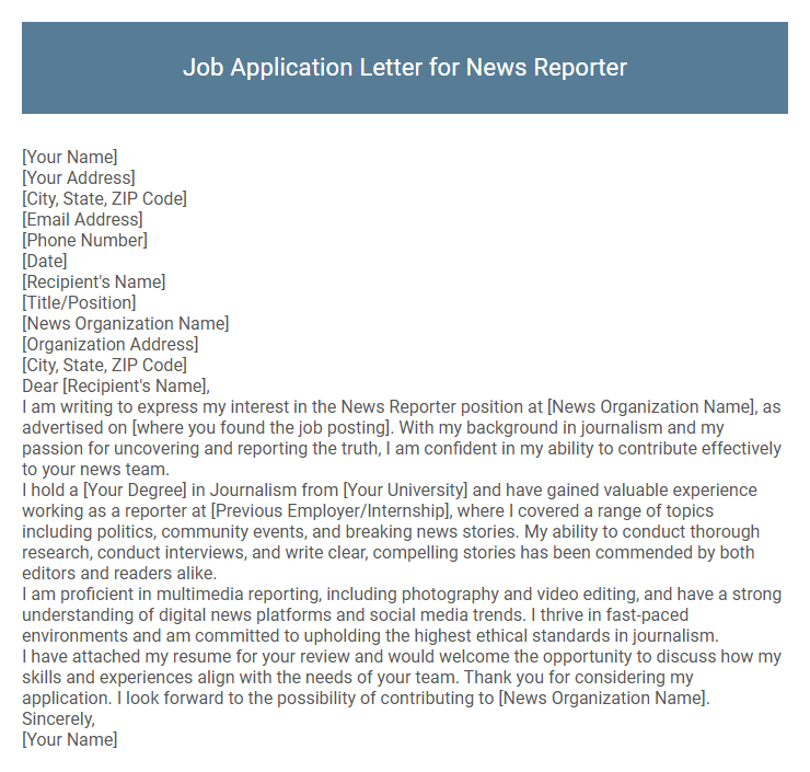 Job Application Letter for News Reporter