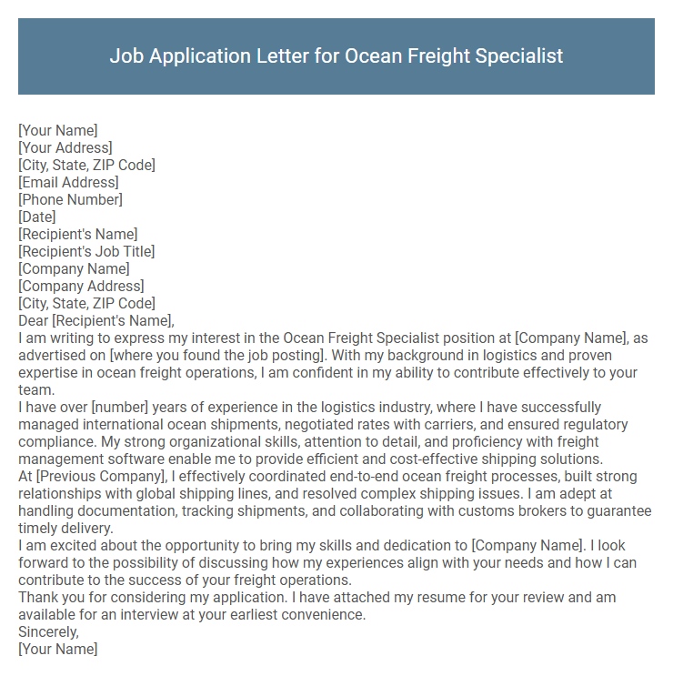 Job Application Letter for Ocean Freight Specialist