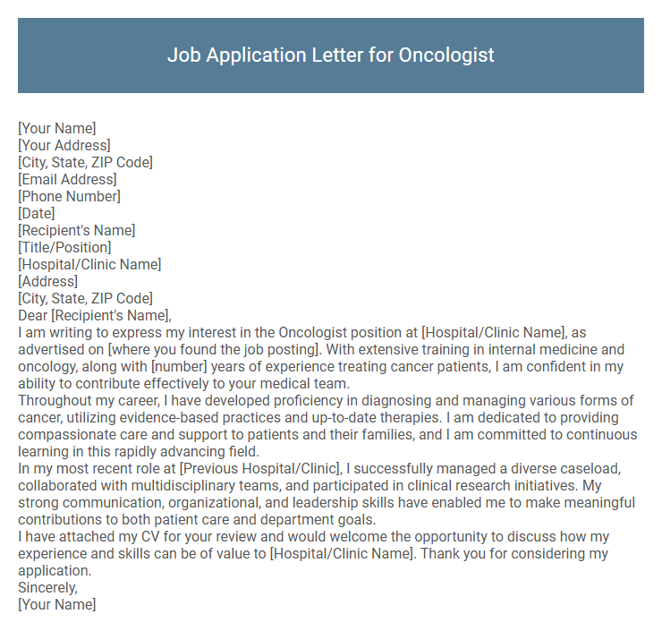 Job Application Letter for Oncologist