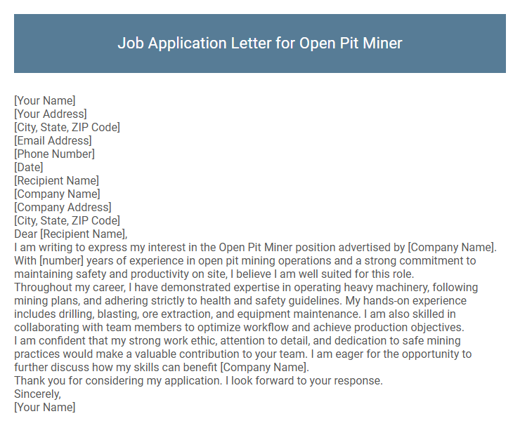Job Application Letter for Open Pit Miner