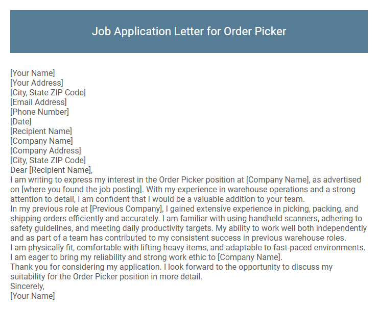Job Application Letter for Order Picker