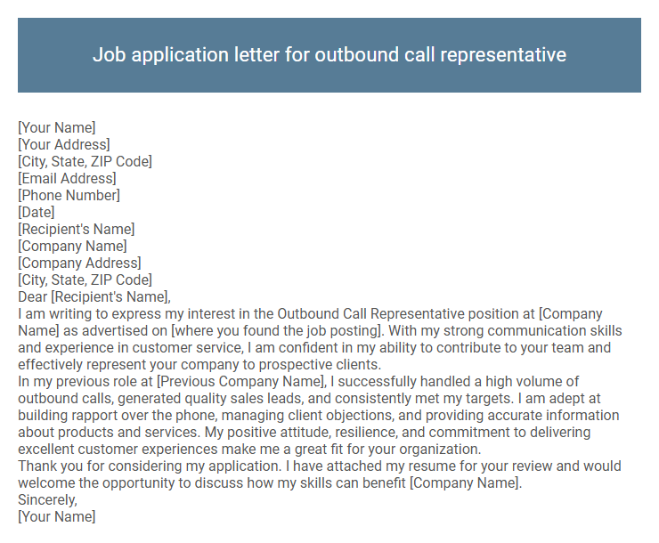 Job application letter for outbound call representative