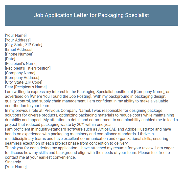 Job Application Letter for Packaging Specialist