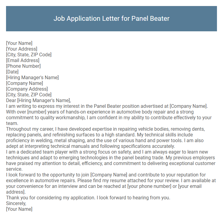 Job Application Letter for Panel Beater