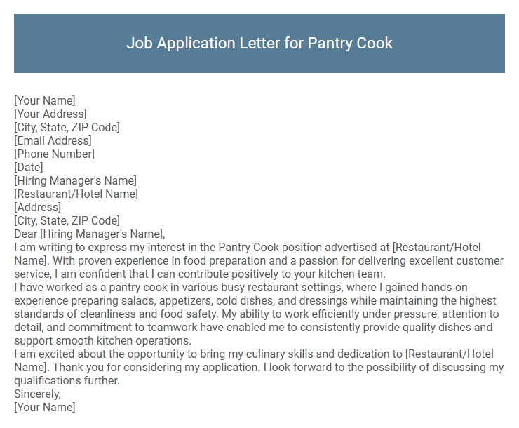 Job Application Letter for Pantry Cook