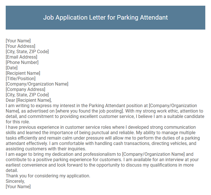 Job Application Letter for Parking Attendant