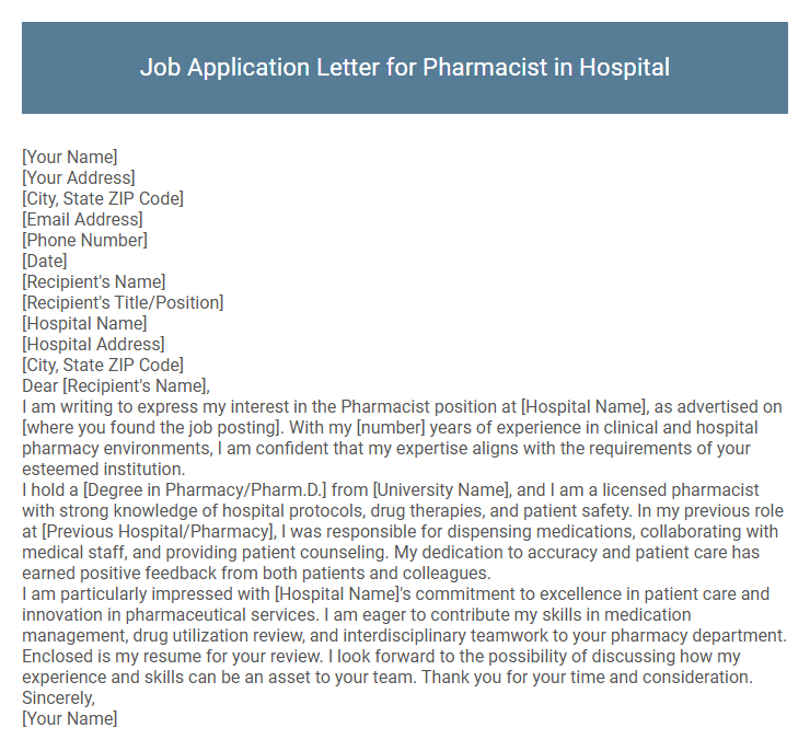 Job Application Letter for Pharmacist in Hospital
