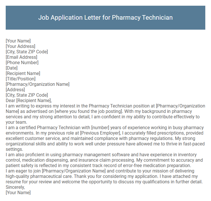 Job Application Letter for Pharmacy Technician