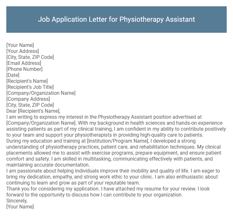 Job Application Letter for Physiotherapy Assistant