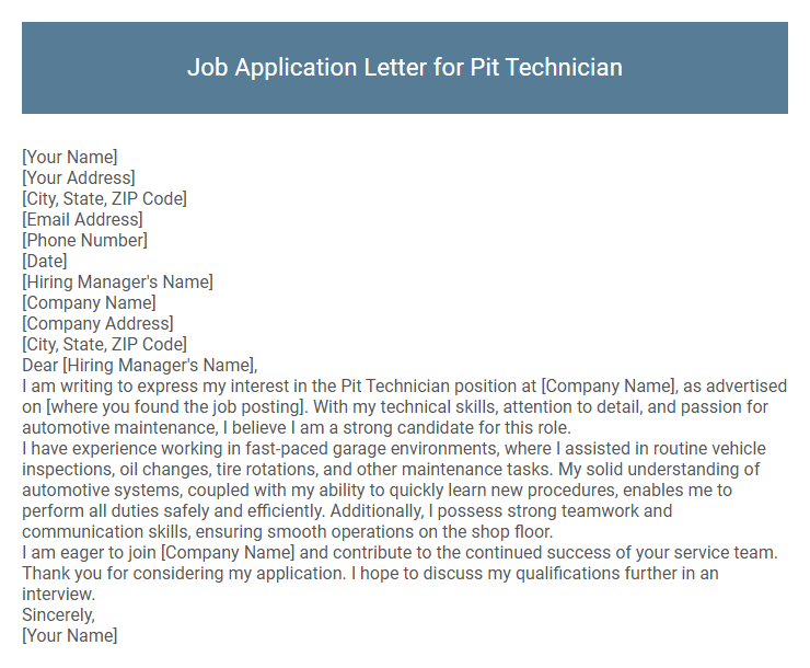 Job Application Letter for Pit Technician