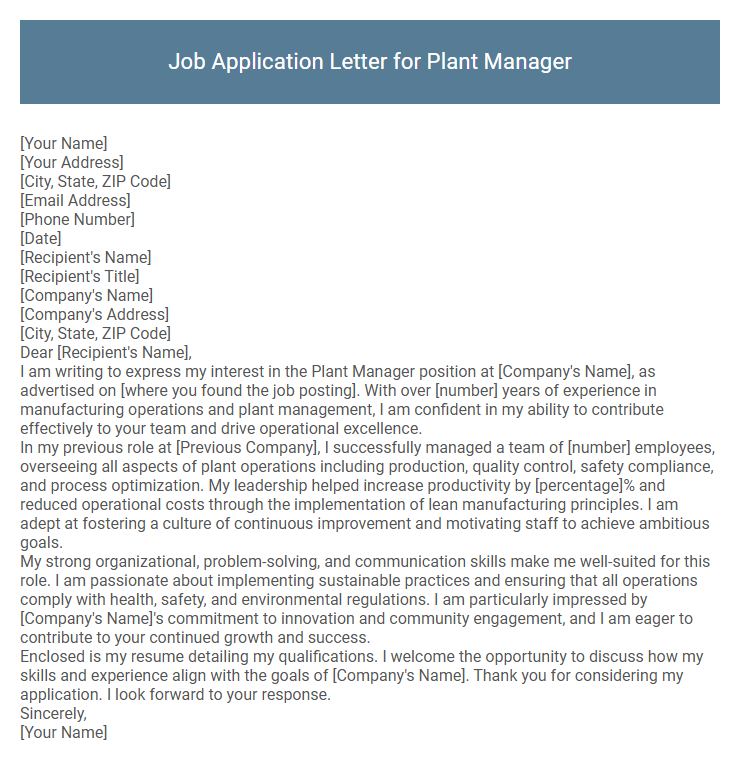 Job Application Letter for Plant Manager