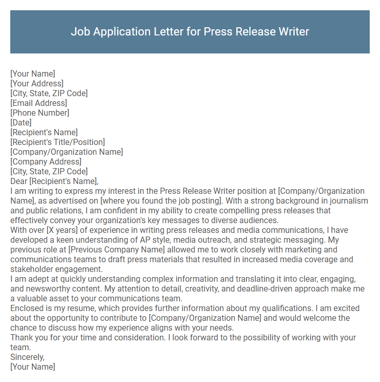 Job Application Letter for Press Release Writer