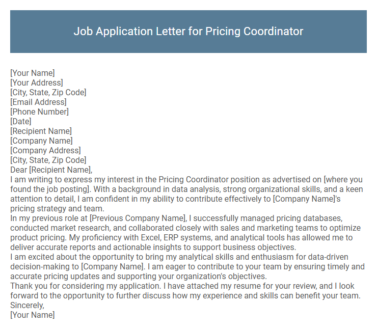 Job Application Letter for Pricing Coordinator