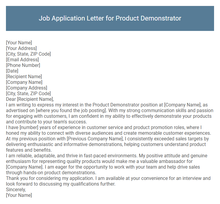 Job Application Letter for Product Demonstrator