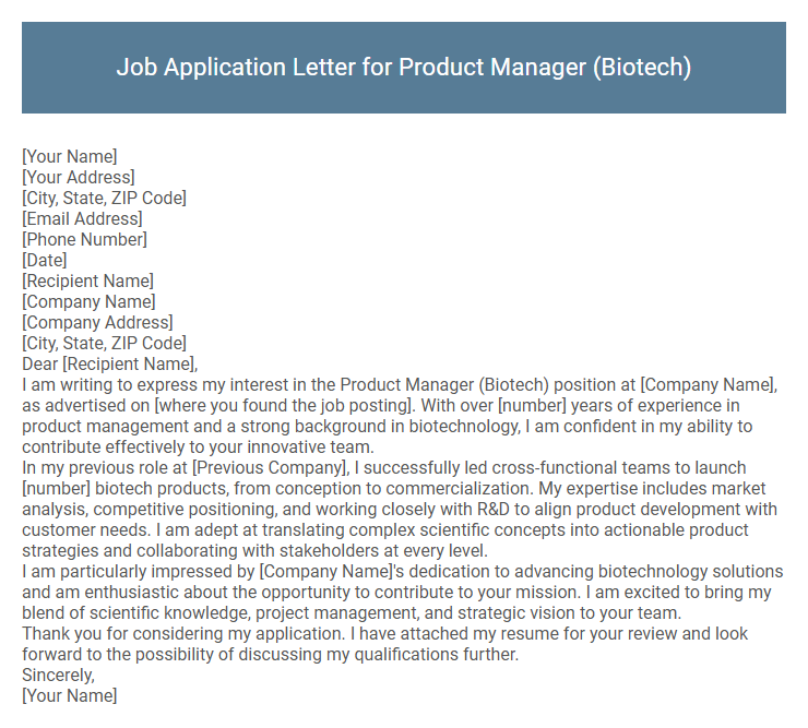 Job Application Letter for Product Manager (Biotech)