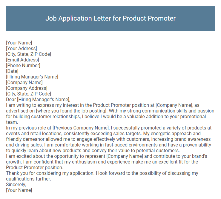 Job Application Letter for Product Promoter