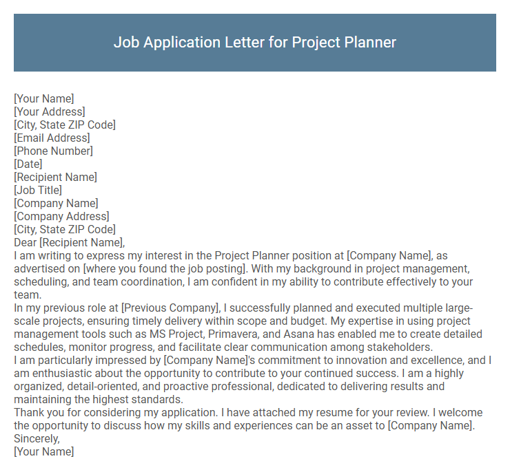 Job Application Letter for Project Planner