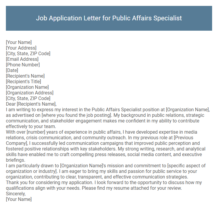 Job Application Letter for Public Affairs Specialist
